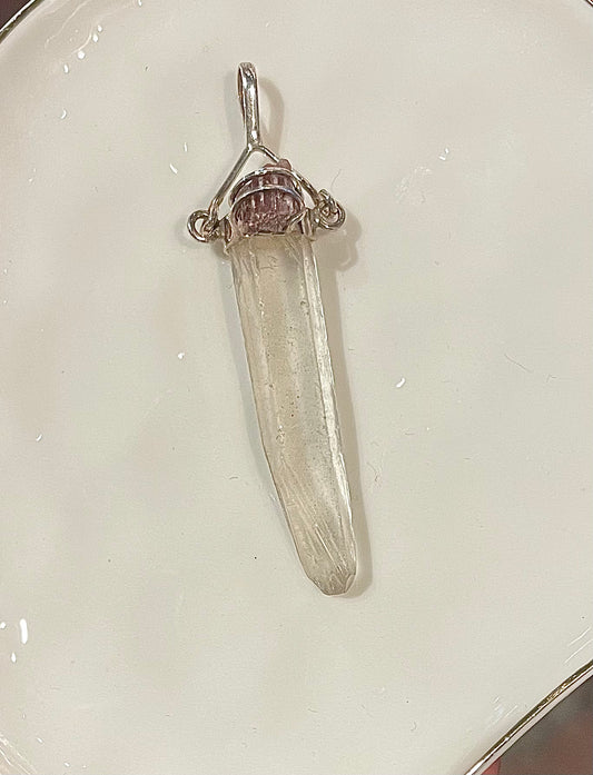 Raw clear quartz point pendant with rhodochrosite