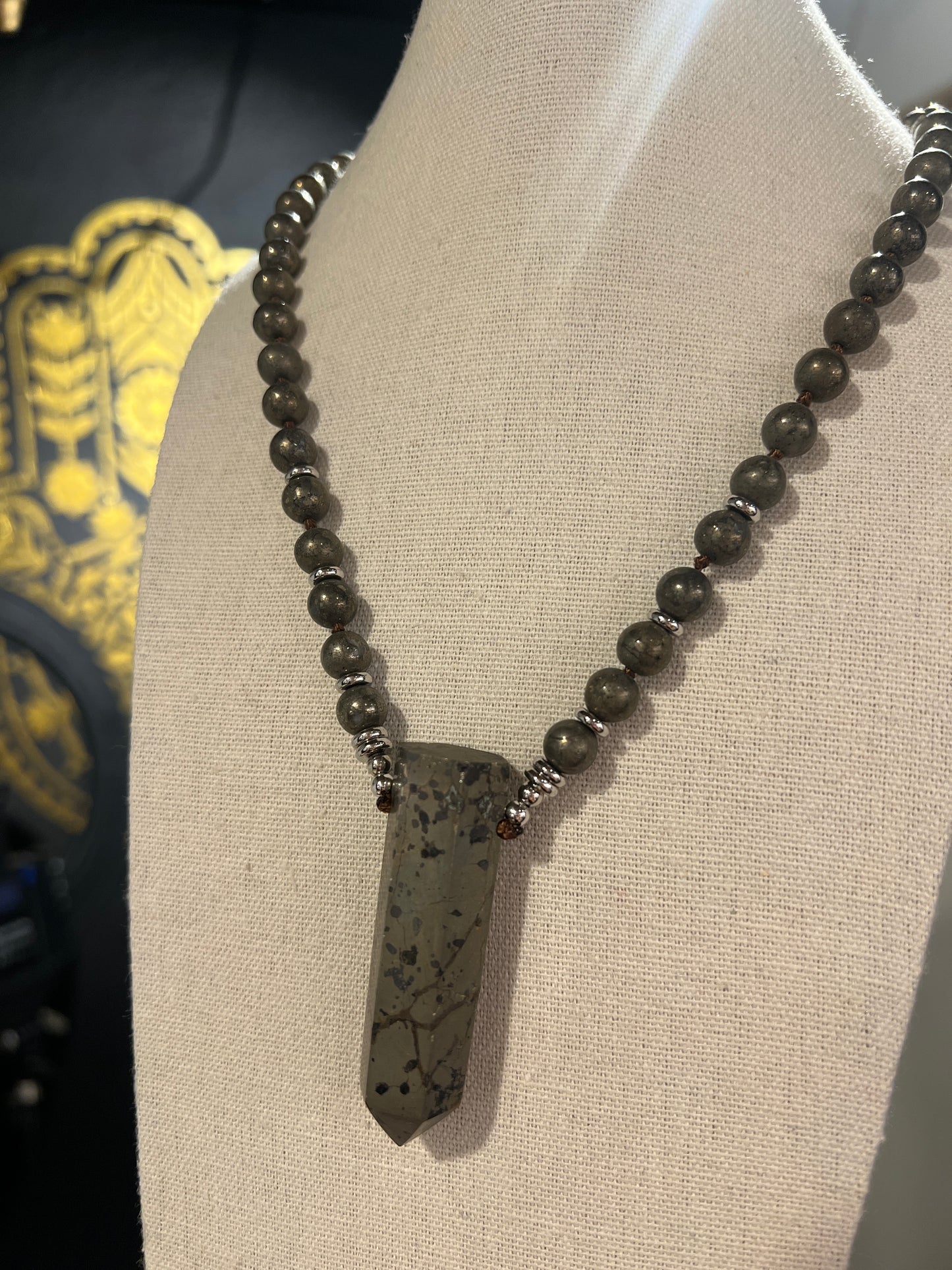 Pyrite beads necklace with crystal point